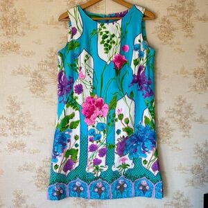 70s Vintage ILGWU Floral Shift Dress Turquoise Blue Mod Mini Party Retro M